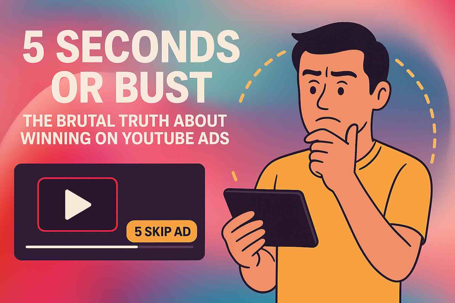 Illustration of a man holding a tablet, looking thoughtful, next to a bold headline ‘5 Seconds or Bust: The Brutal Truth About Winning on YouTube Ads’ with a vibrant coral and sky blue gradient background and a YouTube player showing a ‘5 Skip Ad’ button.