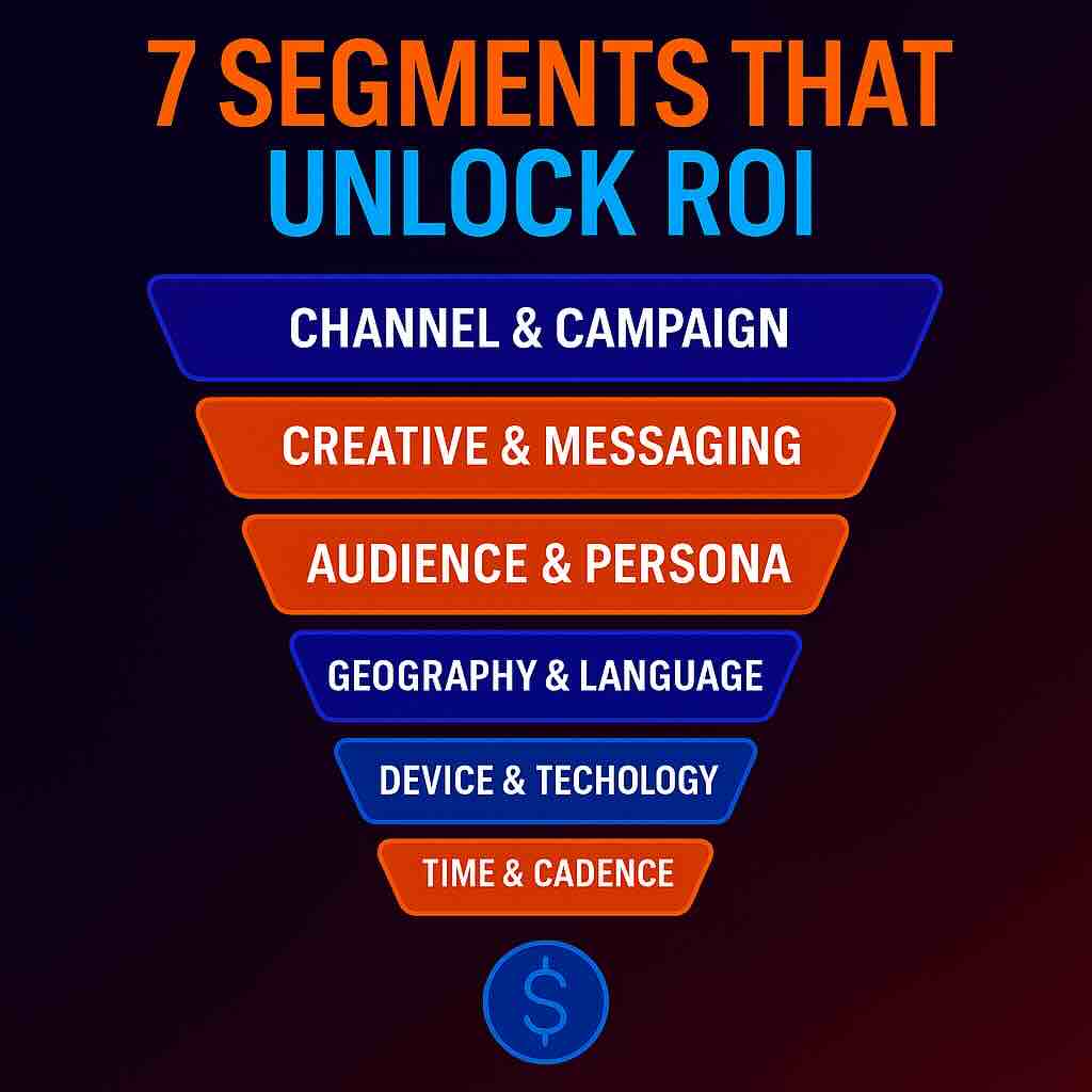 Funnel infographic illustrating seven key marketing segments—Channel & Campaign, Creative & Messaging, Audience & Persona, Geography & Language, Device & Technology, Time & Cadence, and Funnel Stage & Engagement—that drive ROI, shown in a vibrant neon design on a dark gradient background.