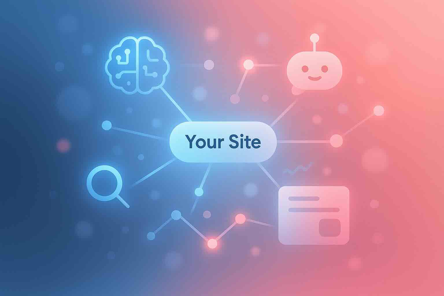 Abstract illustration of AI search optimization with glowing network nodes, central website signal, and surrounding AI and search icons in coral and sky tones