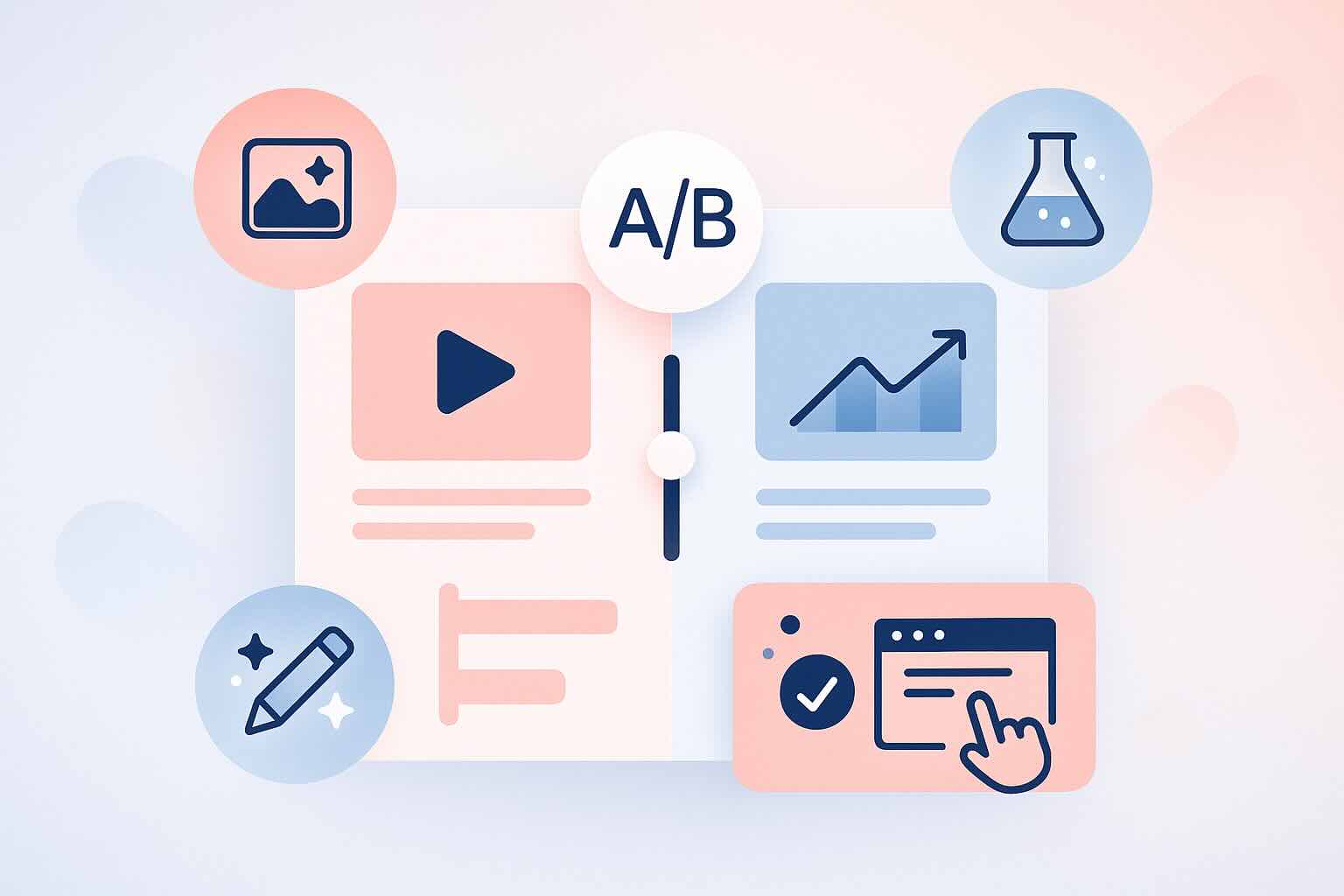 Illustration of ad split testing interface with creative previews, comparison icons, and digital performance tracking in coral and navy colors.