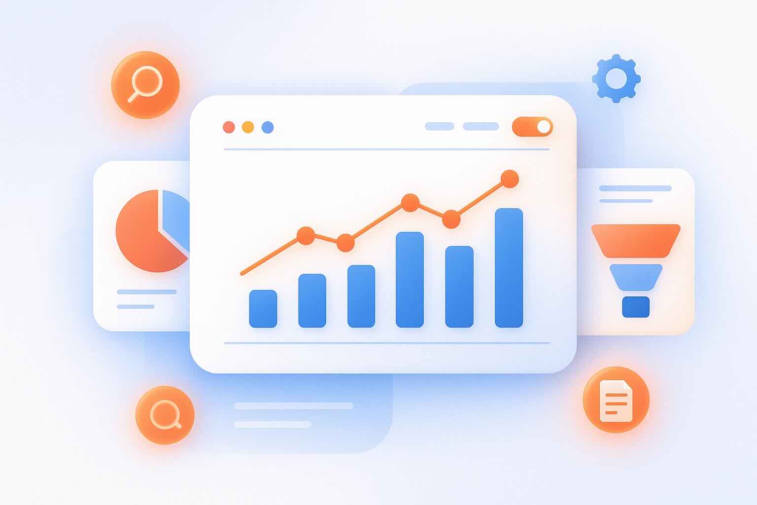 Illustration of digital marketing attribution dashboard with multi-channel reporting flow and ROI chart in coral and navy color palette.