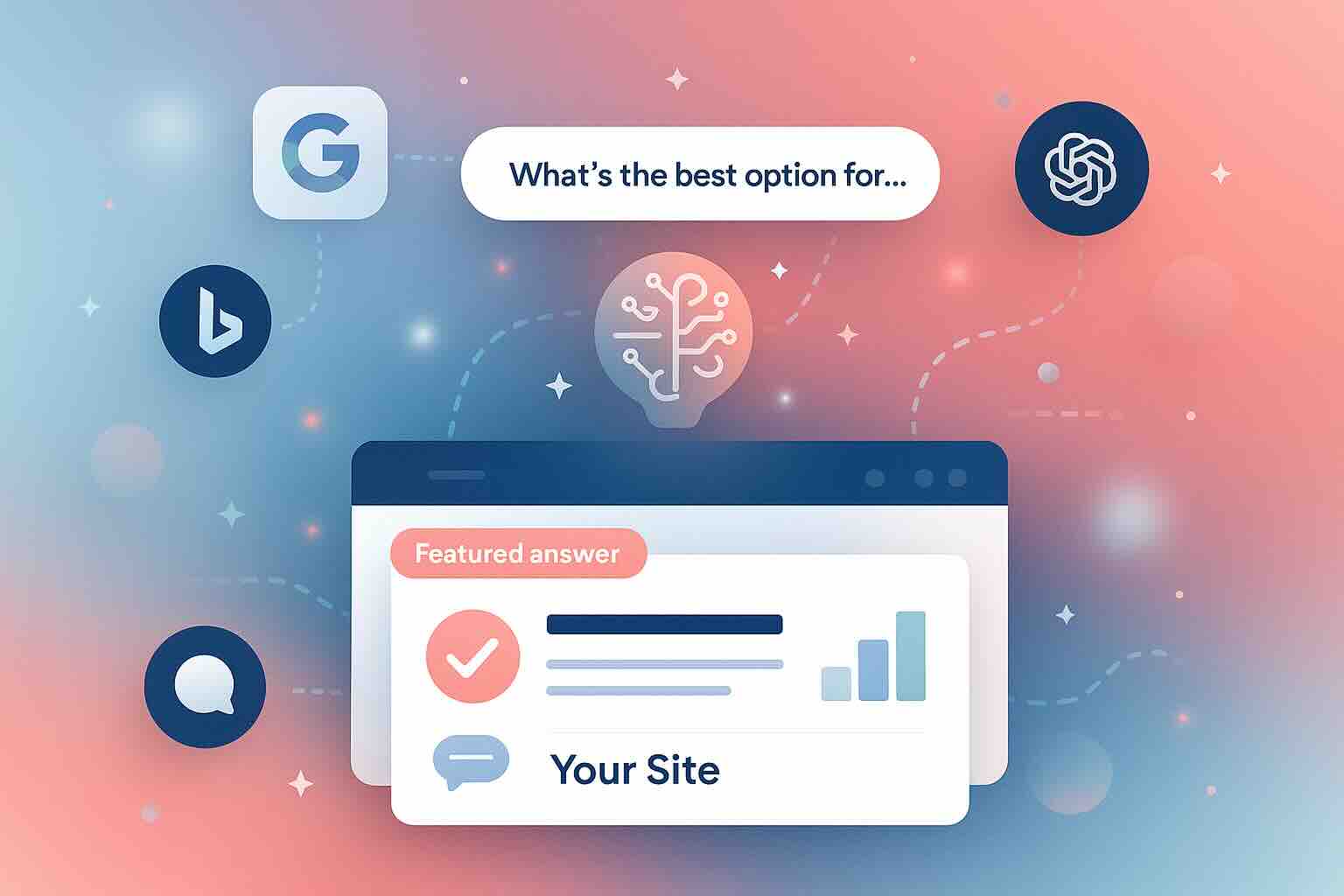 Illustration of structured website content being discovered and highlighted by AI with tags, schema icons, and glowing neural connections in coral and sky blue