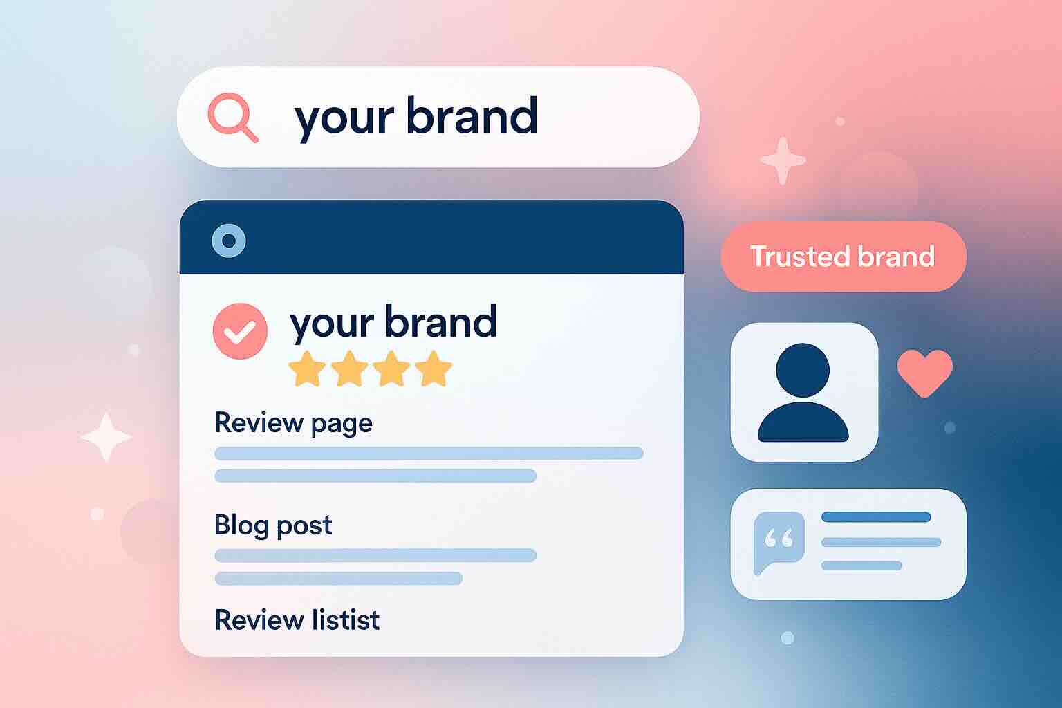 Illustration of branded search results with multiple positive listings, star ratings, and trust indicators representing brand reputation management through SEO