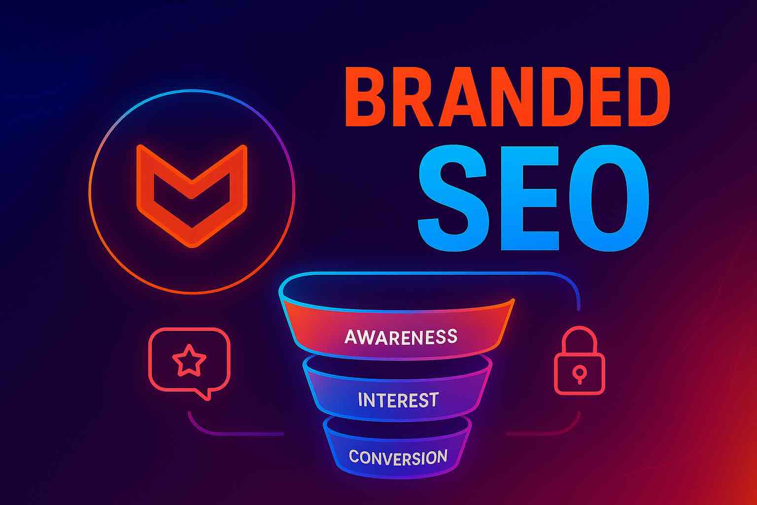 Illustration of a glowing sales funnel with icons for customer reviews, trust, and conversion, representing branded SEO strategy