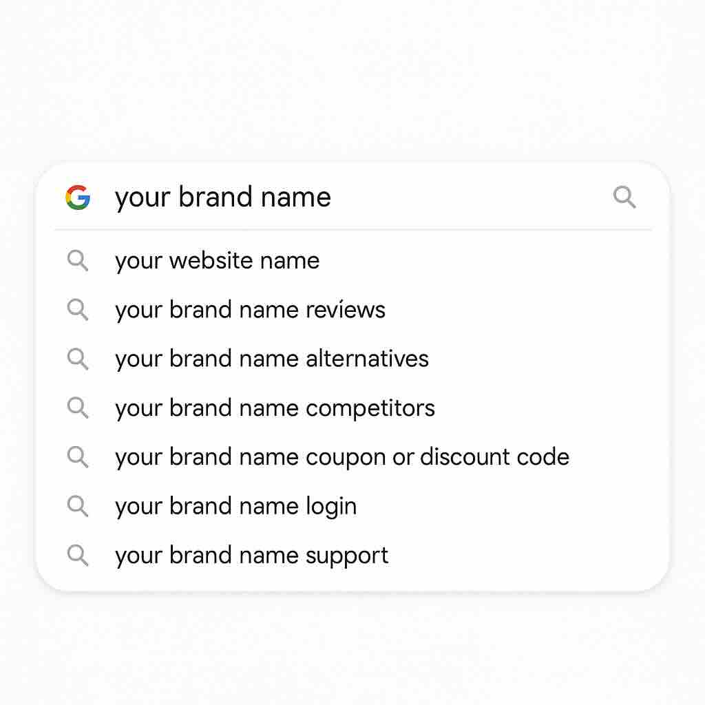 Google search autocomplete suggestions for branded SEO terms like 'your brand name reviews', 'your brand name login', and 'your brand name coupon'