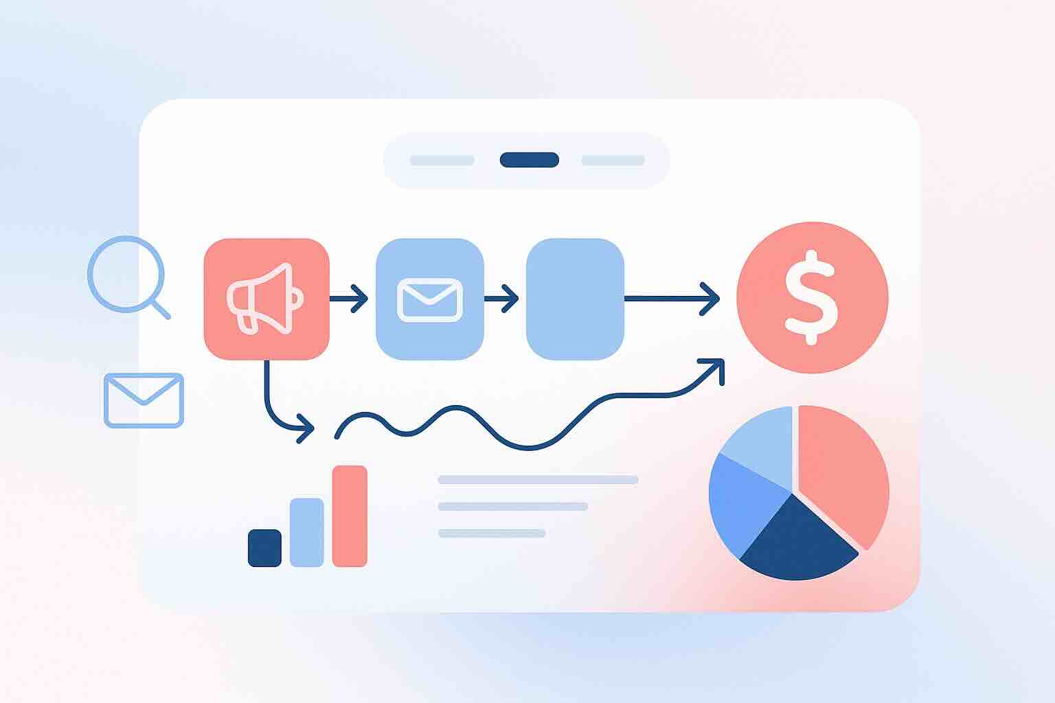 Illustration of a digital attribution dashboard showing multi-channel marketing paths and conversion breakdowns in coral and navy