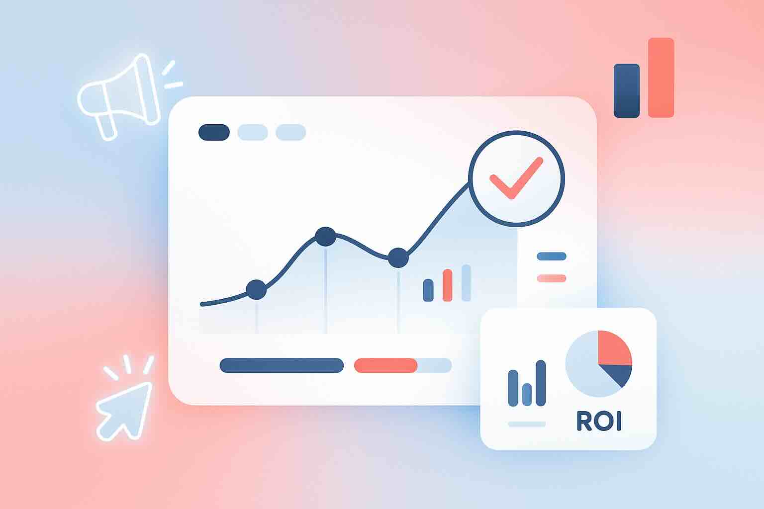 Illustration of confident marketing attribution with line graph, checkmark, and performance dashboard in coral and navy