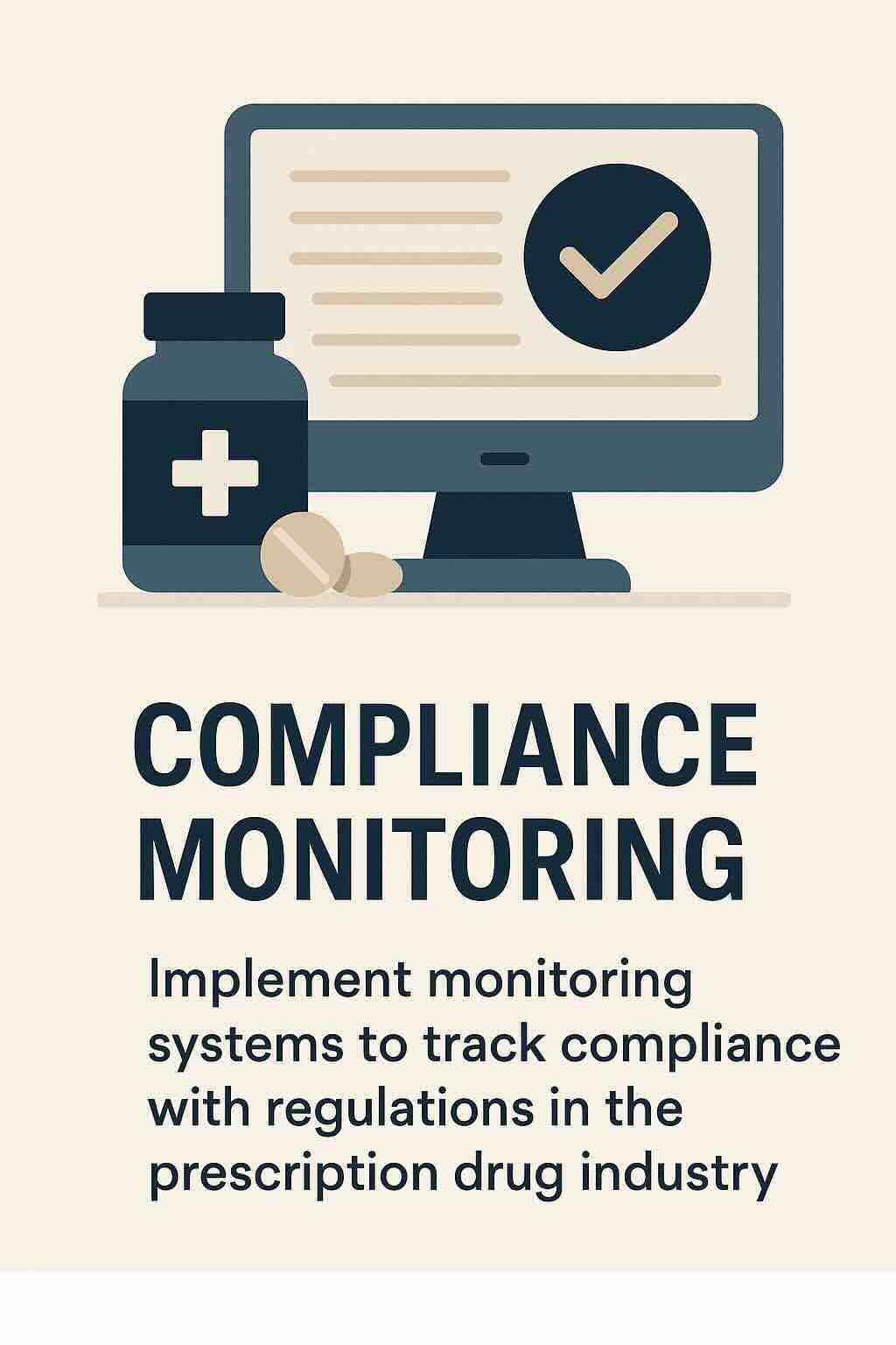 Illustration showing a computer monitor, pill bottle, and compliance checklist for tracking prescription drug regulations