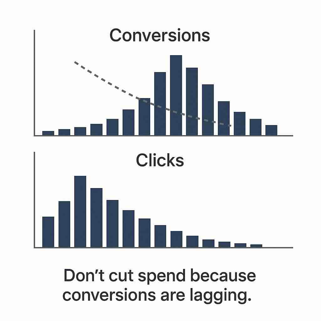 Comparison of click and conversion trends over time showing delay between ad spend and conversions with the note: 'Don't cut spend because conversions are lagging.'