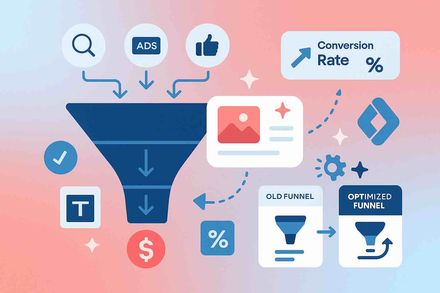 Illustration of PPC conversion funnel optimization showing ad traffic flowing through improved landing page to increased conversion rate in coral and navy