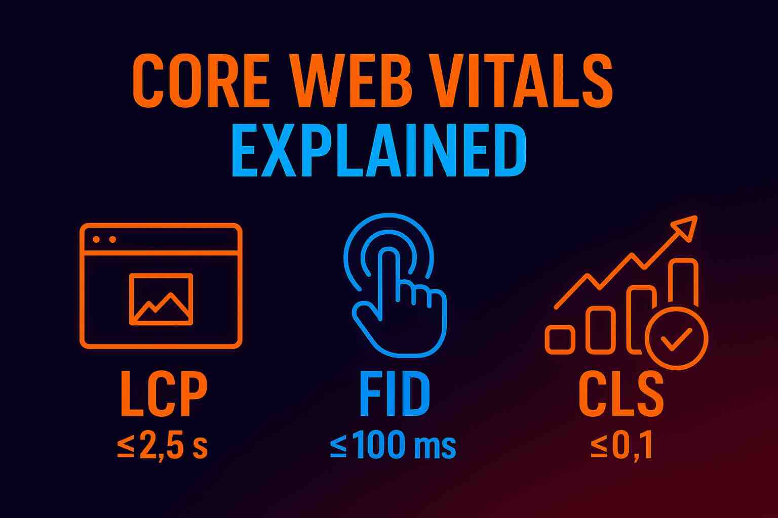 Infographic explaining Core Web Vitals: LCP ≤ 2.5s, FID ≤ 100ms, CLS ≤ 0.1
