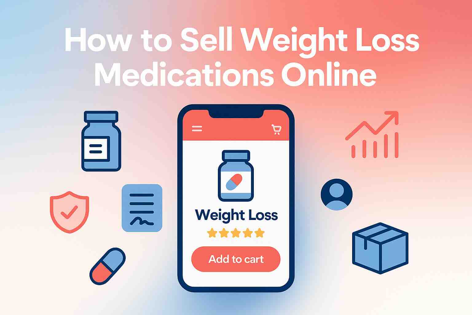 Illustration of a mobile storefront selling weight loss medications online with add-to-cart button, prescription icons, and sales growth symbols in coral and navy tones for DTC pharmacy brands