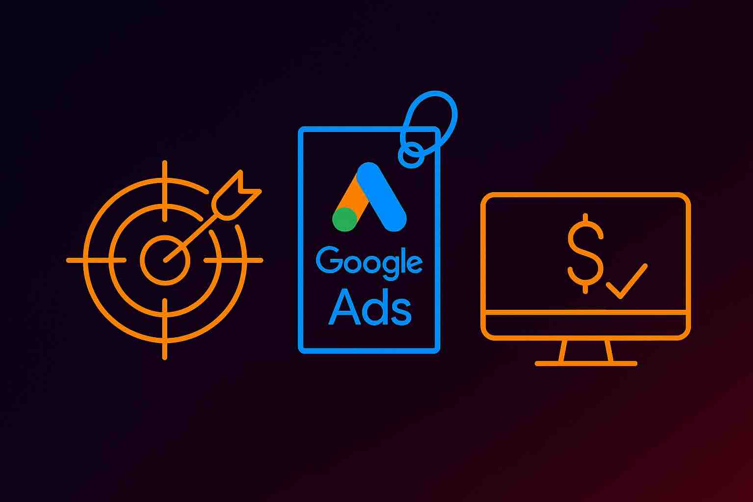 Neon-style blog hero image featuring icons of a bullseye target, Google Ads tag, and a computer monitor with a dollar sign and checkmark—representing attribution, tracking, and conversion optimization for long-sales-cycle startups.