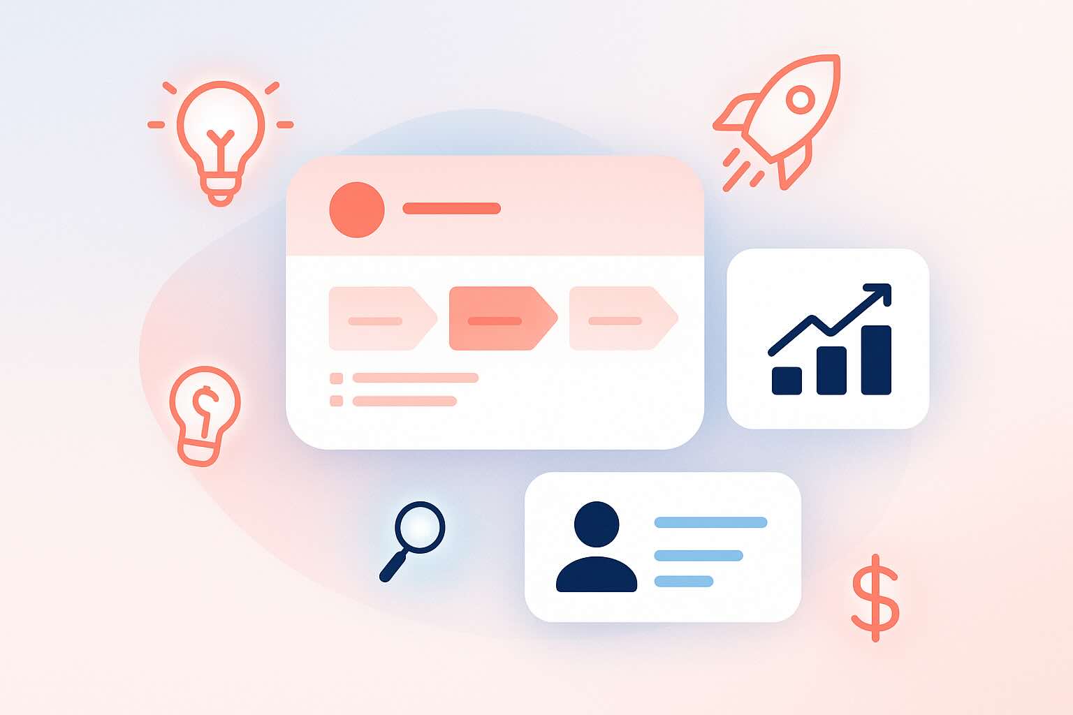 Illustration of fractional CMO dashboard showing strategy roadmap, user profile, and growth chart icons in coral and sky blue