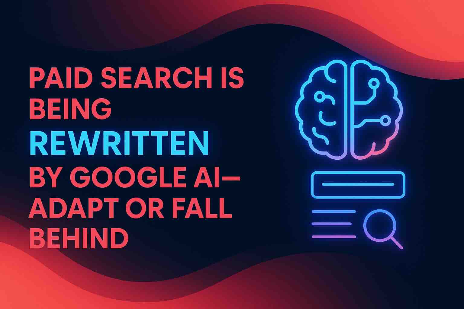 Hero image with bold neon headline ‘Paid Search Is Being Rewritten by Google AI—Adapt or Fall Behind’, featuring glowing brain and search icons on a dark gradient background.