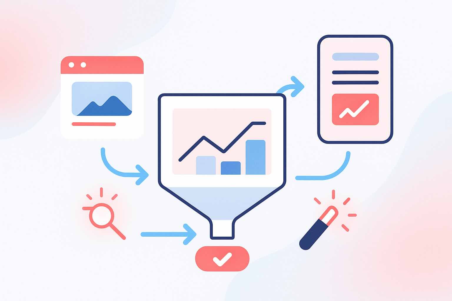 Illustration of landing page and sales funnel optimization with digital traffic sources, UI flow, and conversion actions in coral and sky blue.