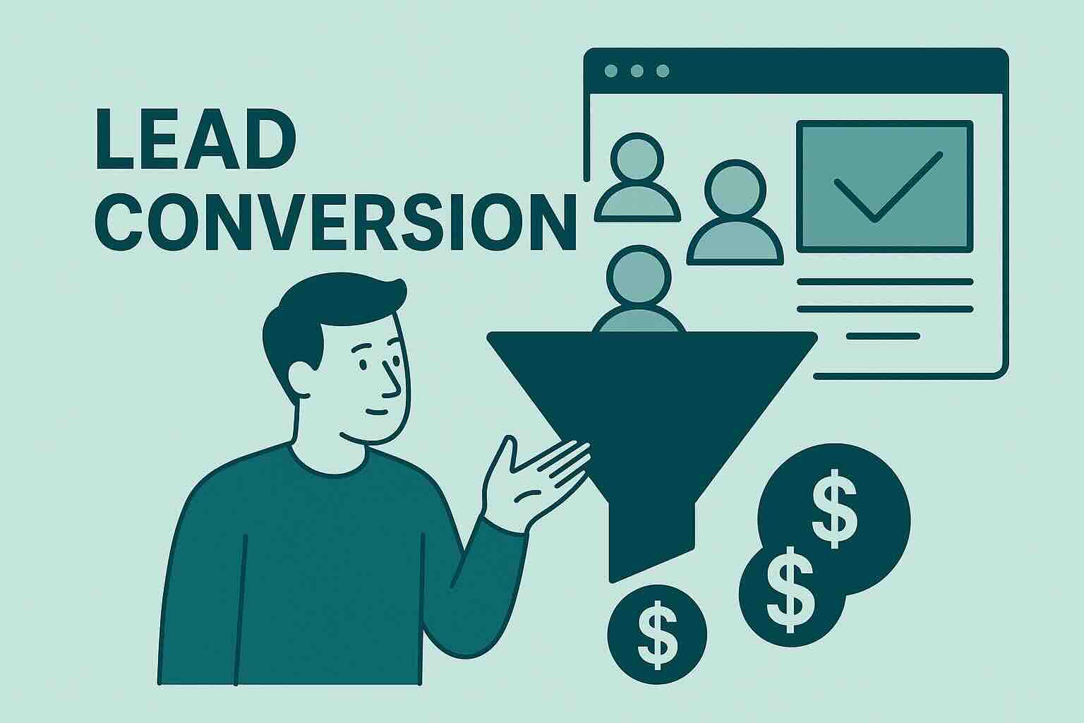Illustration of a funnel turning leads into dollar signs to represent lead conversion