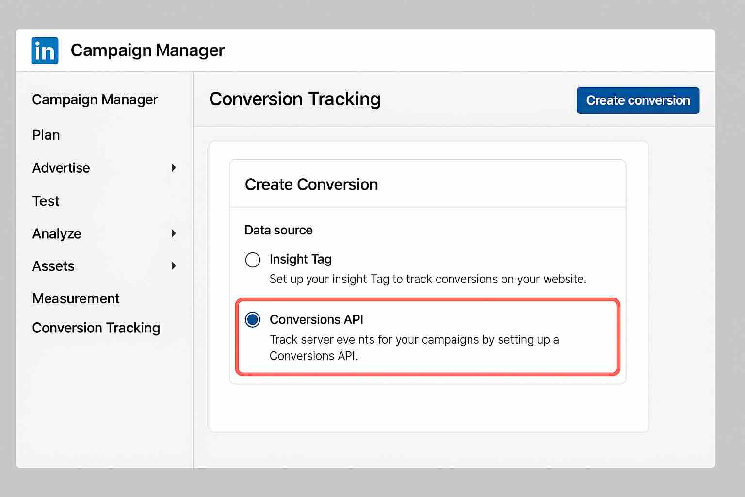 Screenshot of LinkedIn Campaign Manager showing API setup interface
