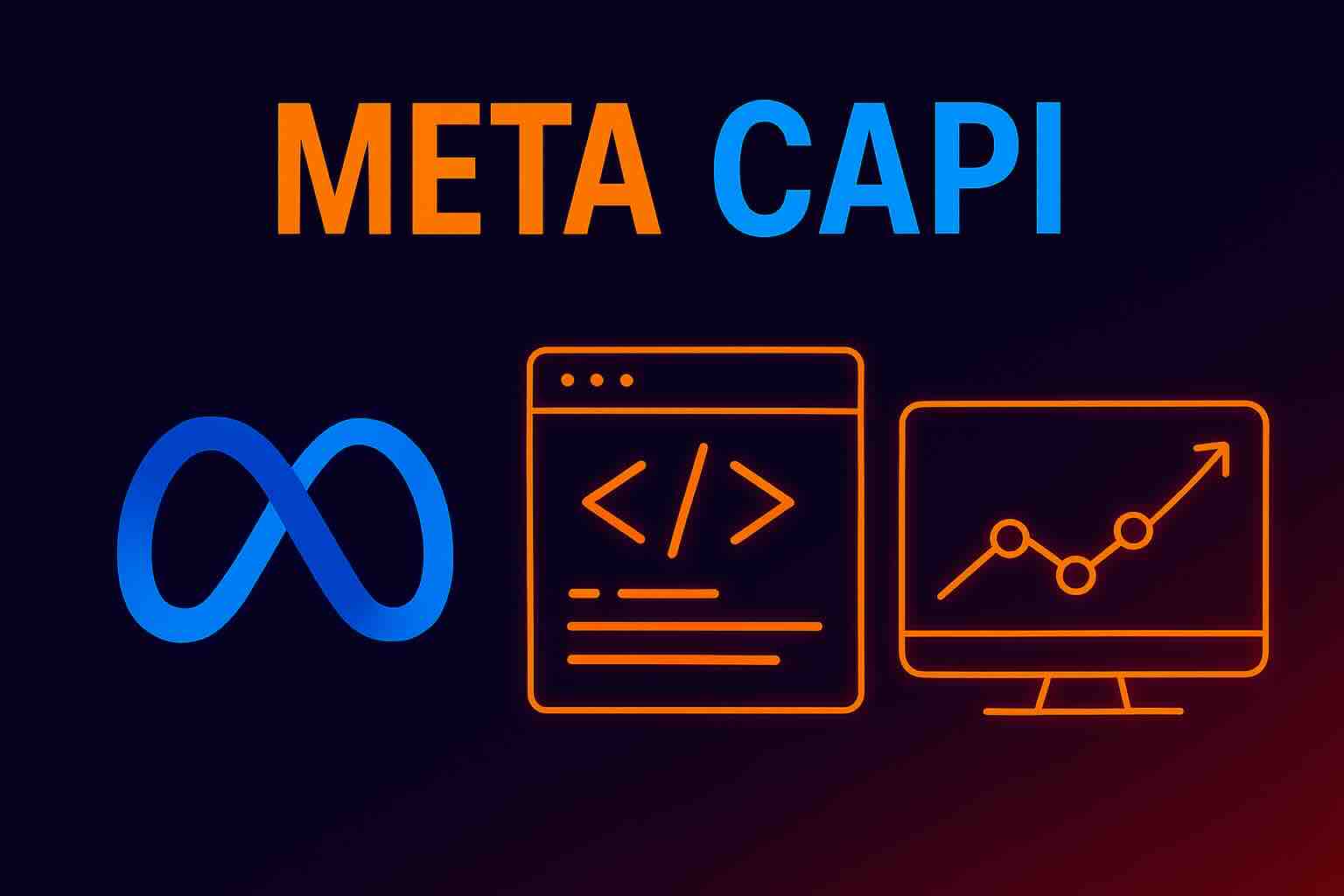 Neon-style illustration of Meta CAPI with Meta logo, code snippet, and performance graph — representing conversion tracking and attribution for startups