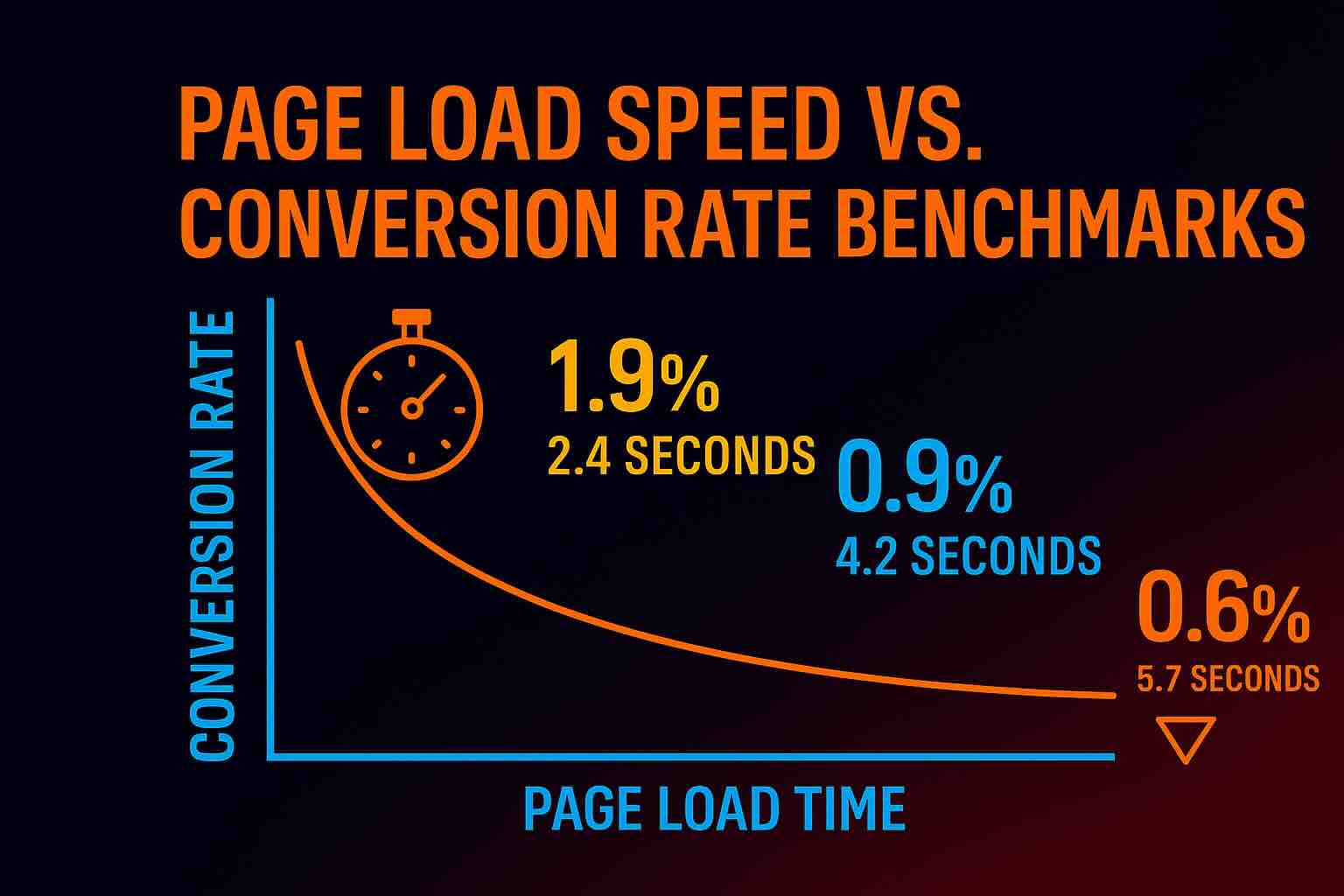 Graph showing how conversion rates drop with increasing page load times: 1.9% at 2.4 seconds, 0.9% at 4.2 seconds, and 0.6% at 5.7 seconds