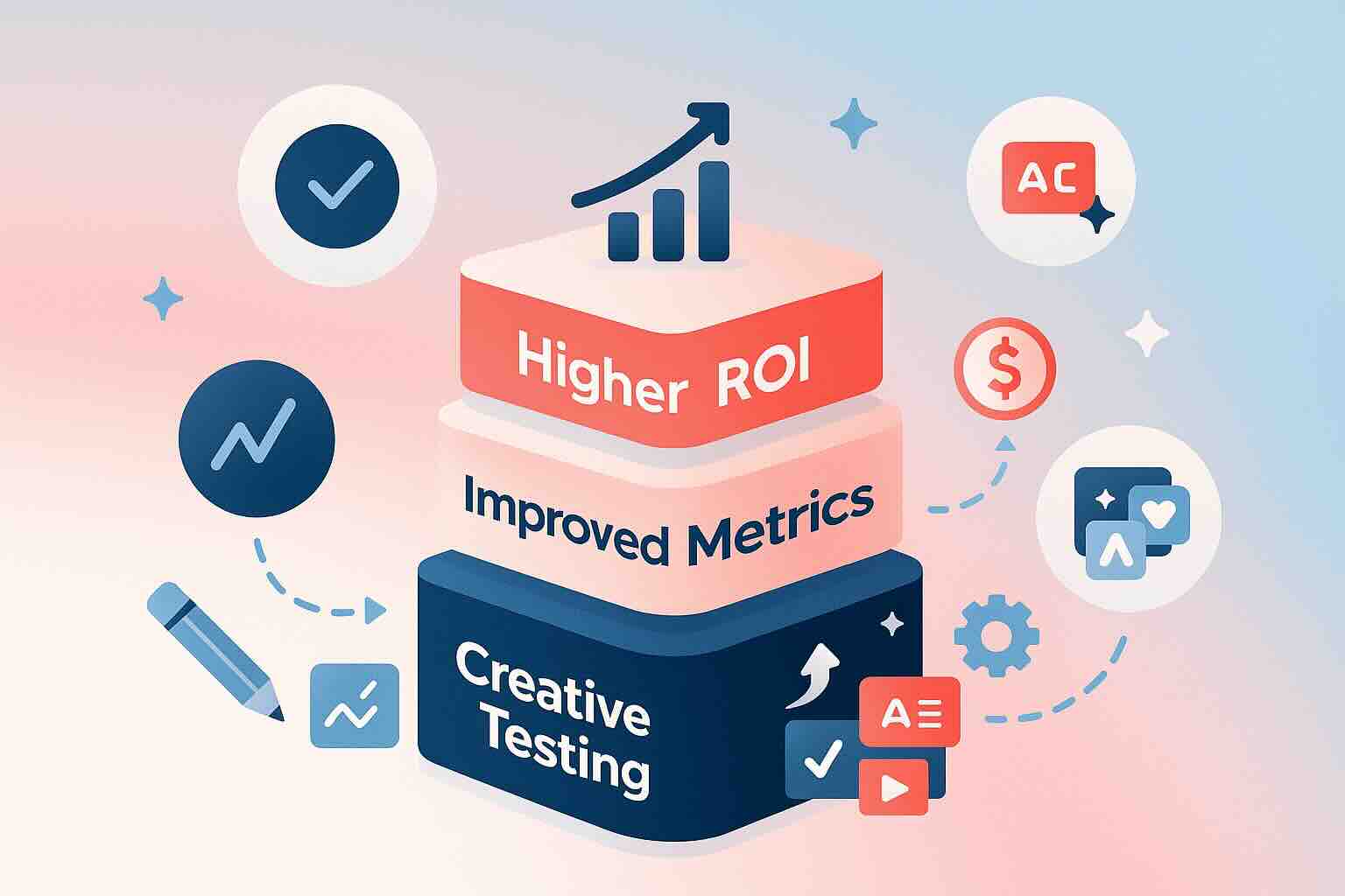 Illustration showing PPC ad testing benefits with stacked metrics for improved CTR, lower CPC, higher ROI, and optimized performance in coral and navy color scheme