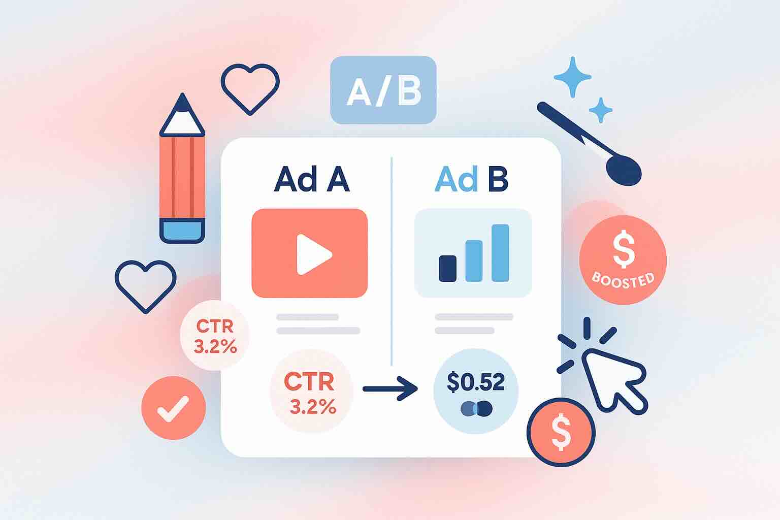 Illustration of A/B PPC ad testing with creative previews, performance scores, and optimization icons in coral and navy