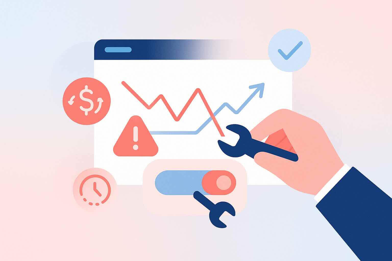 Illustration of fixing broken PPC campaigns with repair tools and optimization icons in coral and navy tones