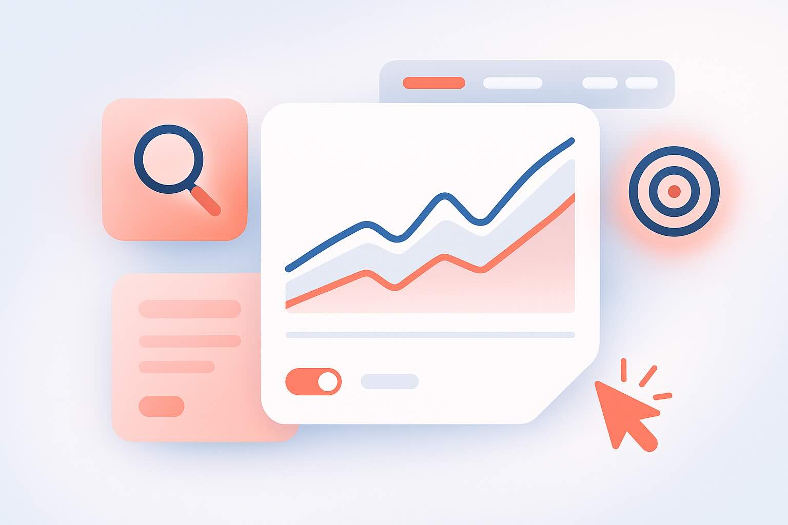 Illustration of PPC campaign dashboard with rising conversions and line graph in coral and navy color scheme