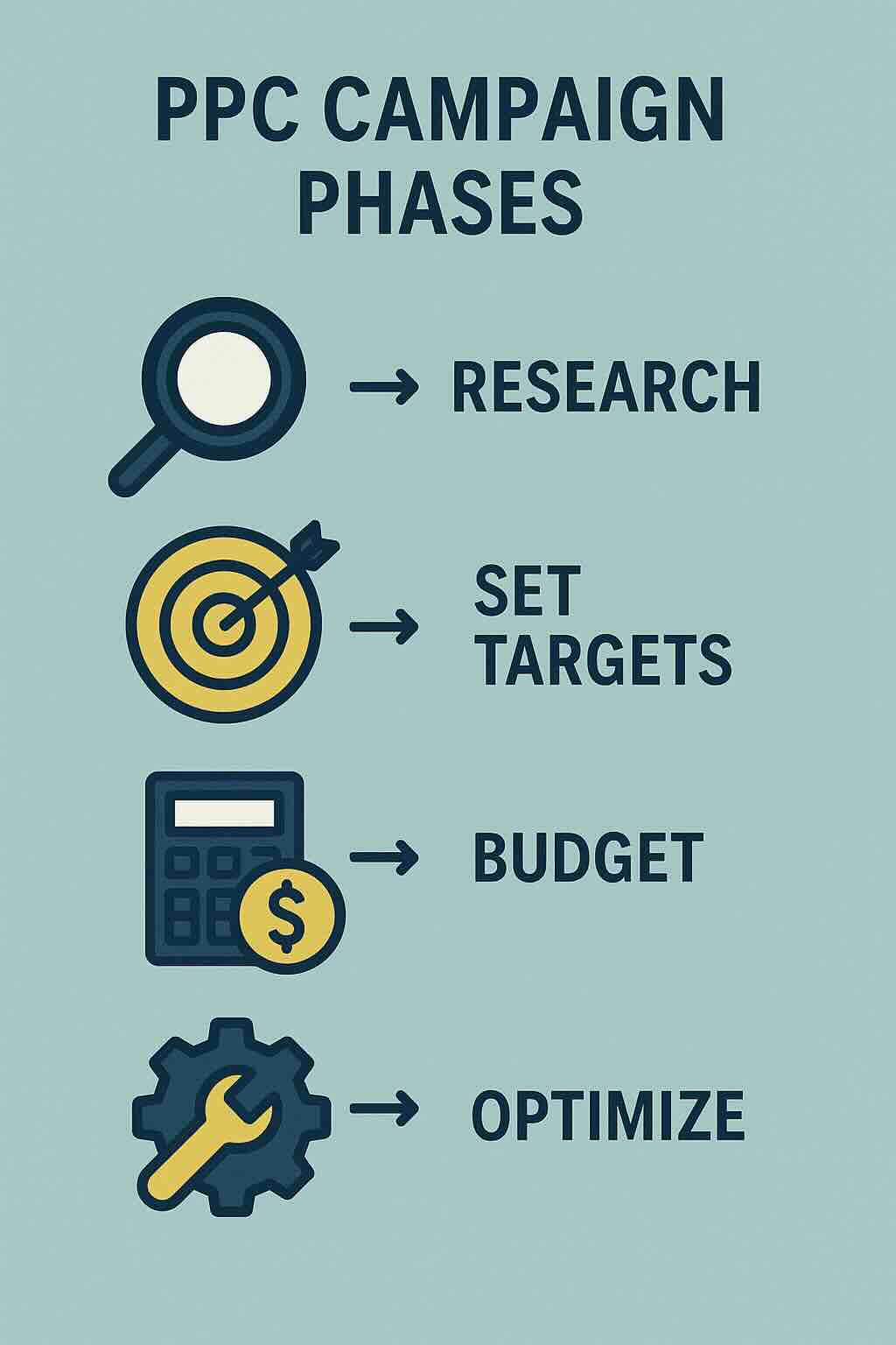 Timeline graphic illustrating benchmark, optimization, and growth phases of a PPC campaign
