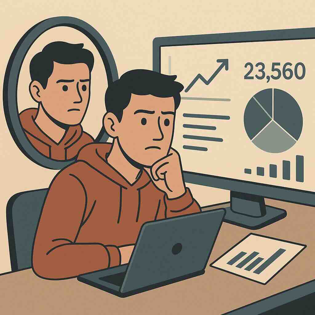 Young marketer analyzing PPC stats with ego reflection in mirror