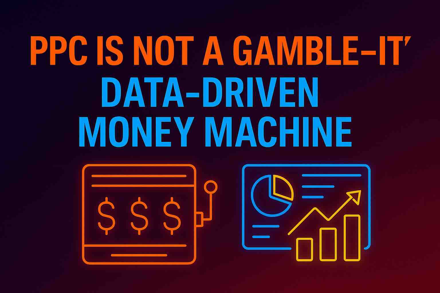Neon-style blog hero image with the headline ‘PPC Is Not a Gamble—It’s a Data-Driven Money Machine’ above glowing icons of a slot machine and a performance dashboard with rising graph, representing strategic ad optimization.