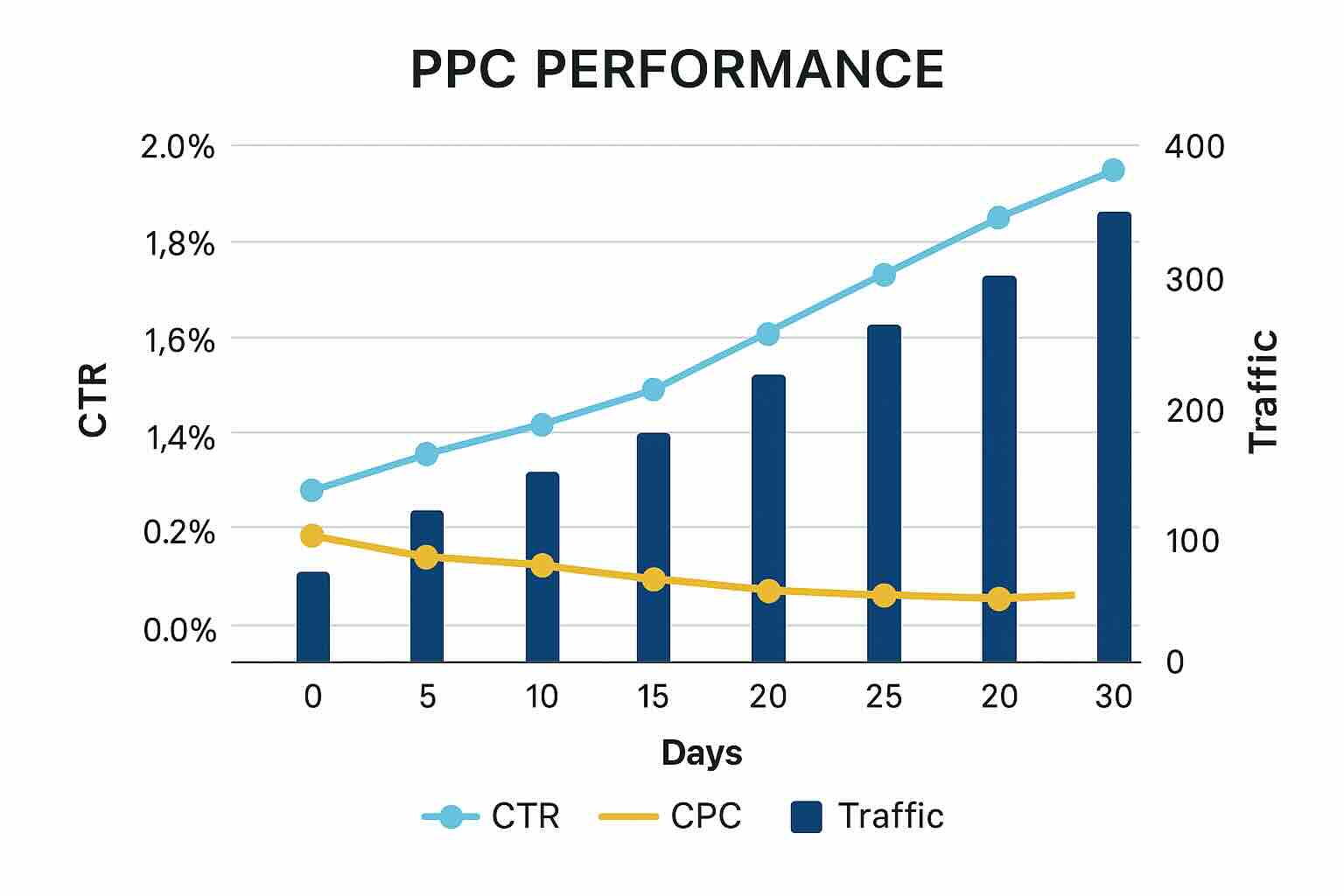 Chart showing CTR rising, CPC falling, and traffic increasing over 30 days in a PPC campaign.