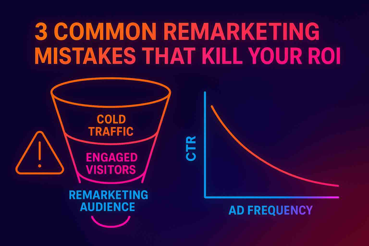 Funnel diagram showing cold traffic leading to engaged visitors and remarketing audience, next to a graph of CTR decline with increasing ad frequency—highlighting common remarketing mistakes