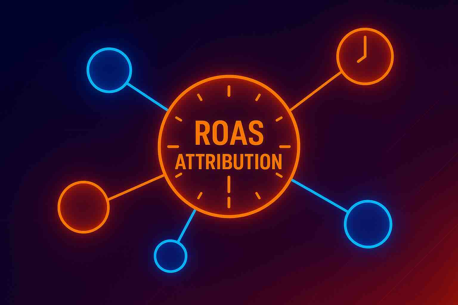 Glowing neon-style graphic of a clock labeled ‘ROAS Attribution’ with connected circles representing time-based touchpoints in marketing attribution.
