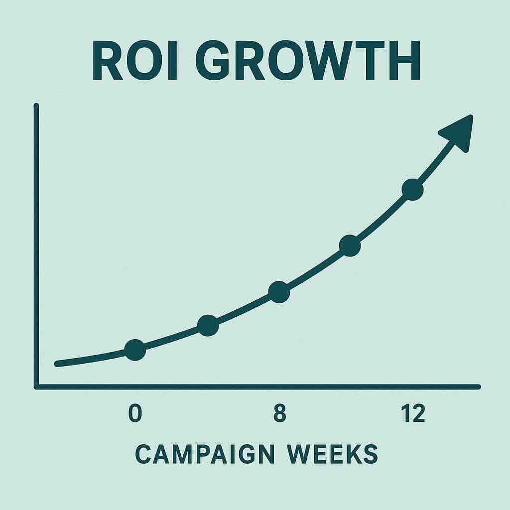 Line graph showing ROI increase from 6% to 186% over 12 weeks