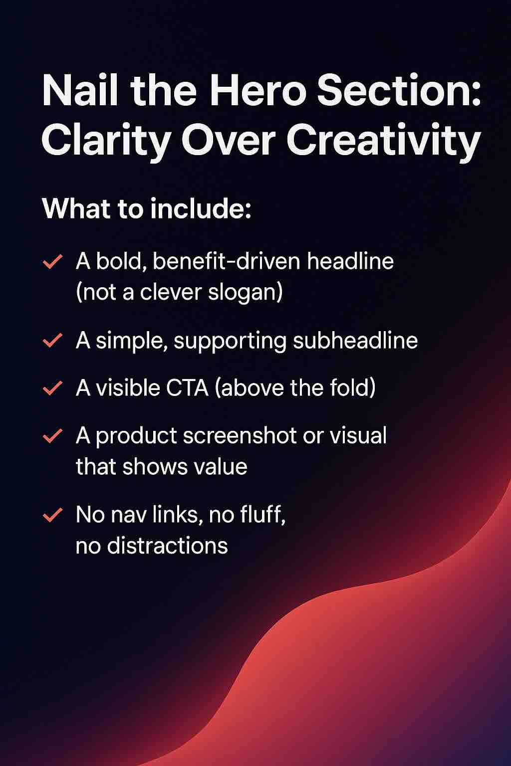 Checklist for SaaS landing page clarity including headline, CTA, and structure tips