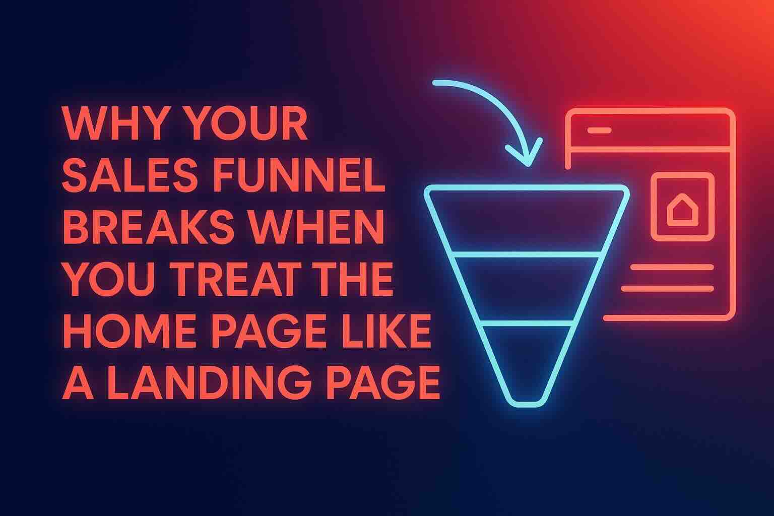 Neon-style illustration showing a broken sales funnel leading to a homepage, with headline text about funnel mistakes