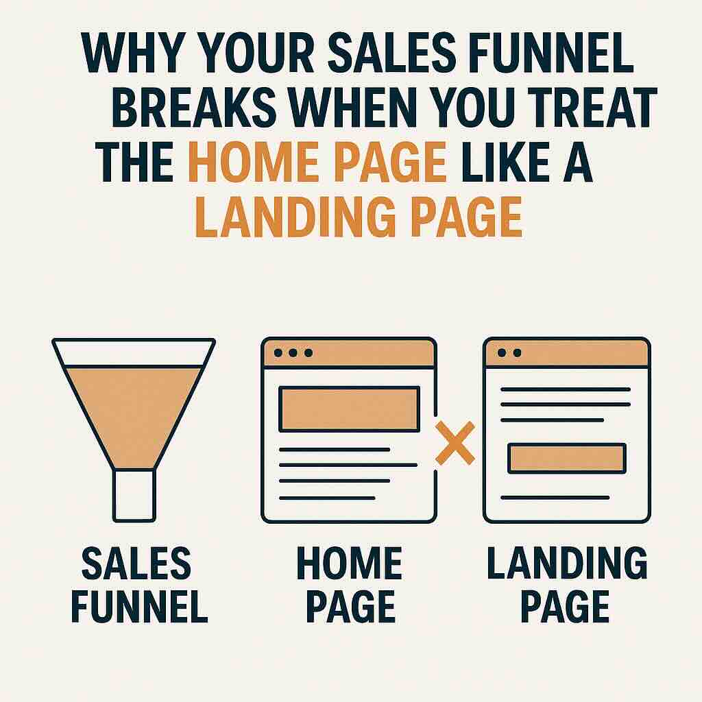 Diagram showing why home pages and landing pages serve different purposes in a sales funnel