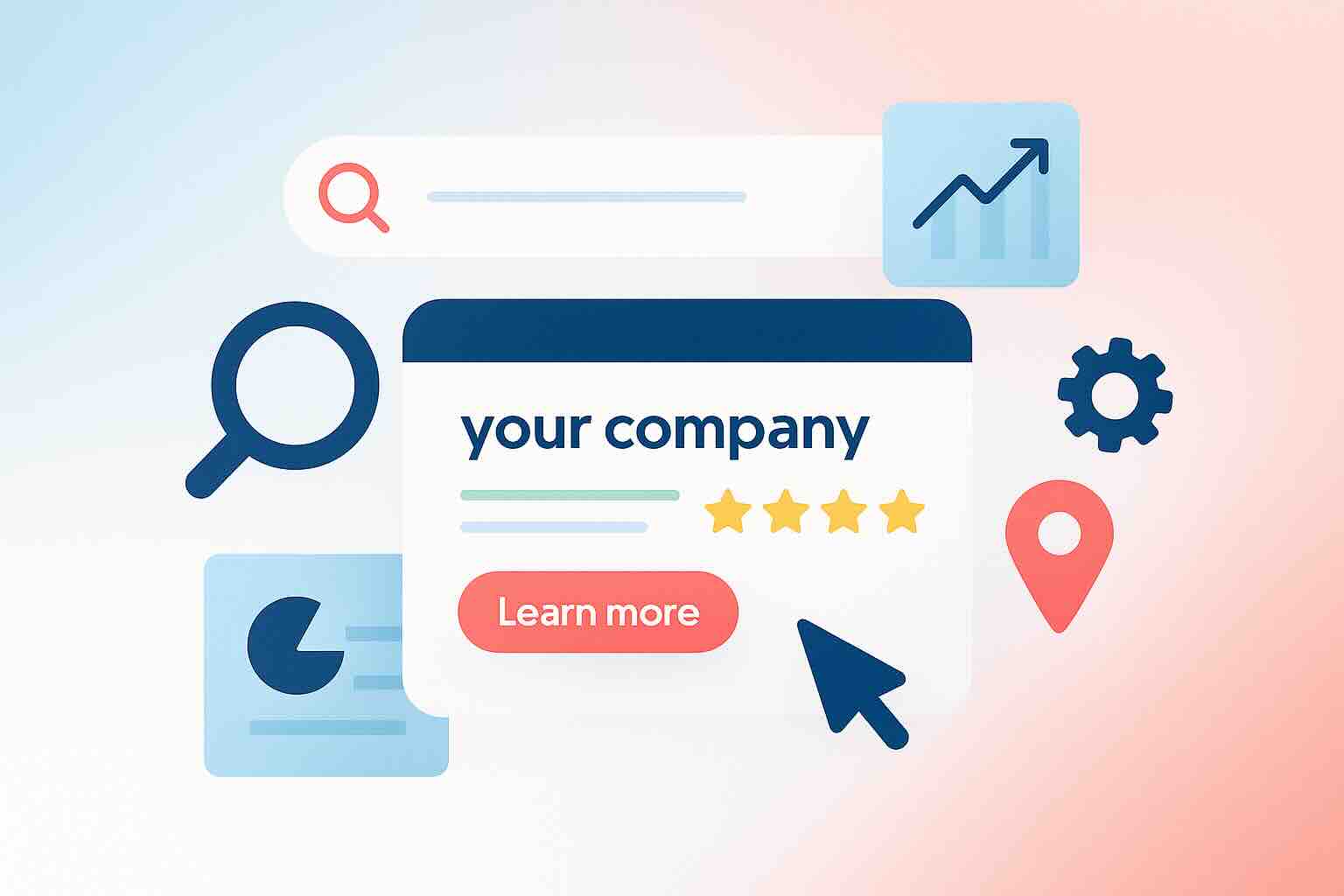 Illustration depicting a search engine results page with highlighted organic listings, magnifying glass, growth chart, and SEO icons in navy, coral, and sky blue tones.