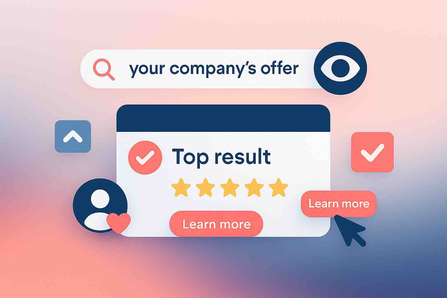 Illustration of organic search result showing top visibility for the query “your company's offer” with five-star rating, call-to-action buttons, and user engagement icons in coral and navy tones