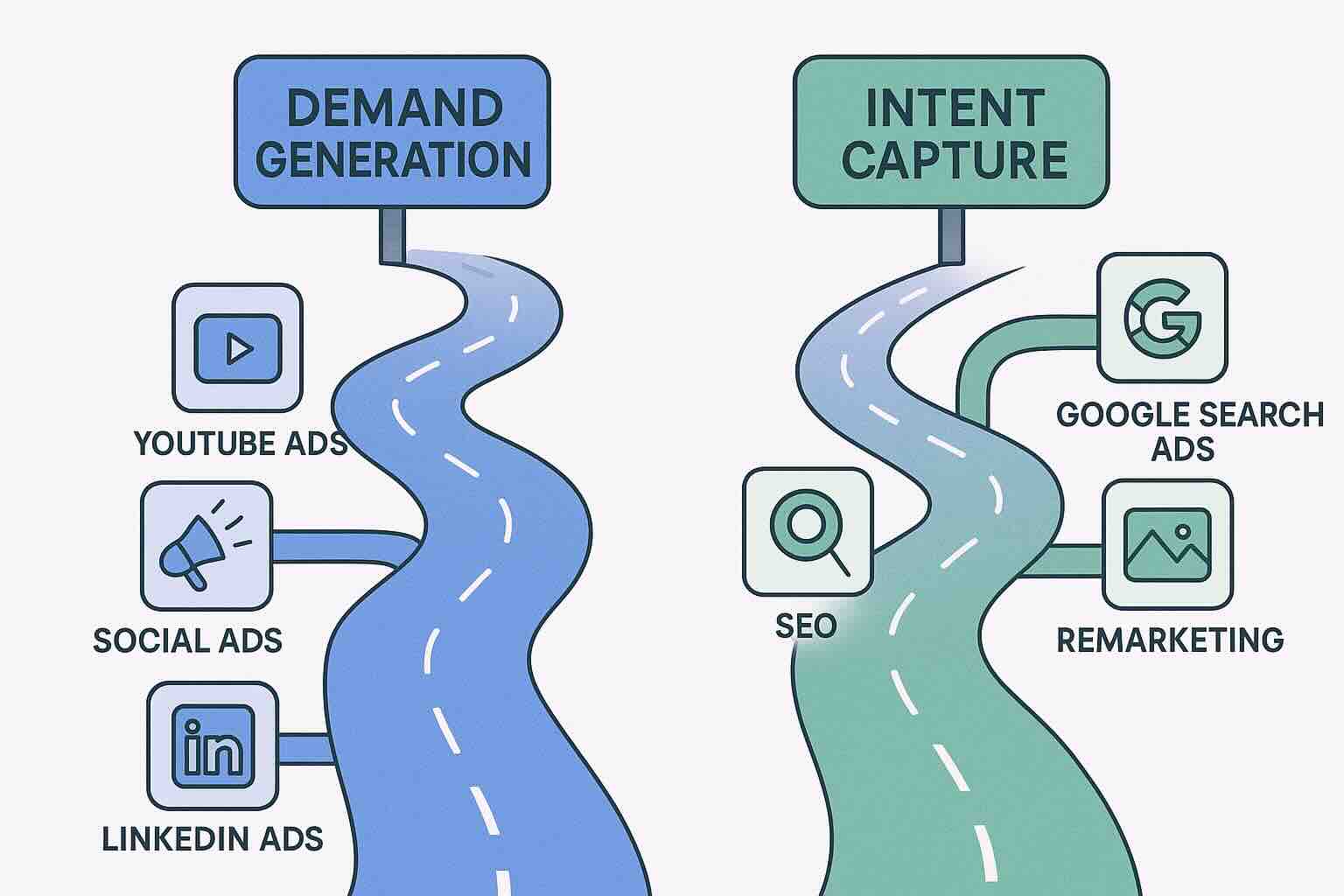Two illustrated roads representing Demand Generation and Intent Capture paths, with icons for YouTube Ads, Social Ads, LinkedIn Ads on one side and SEO, Google Search Ads, and Remarketing on the other.