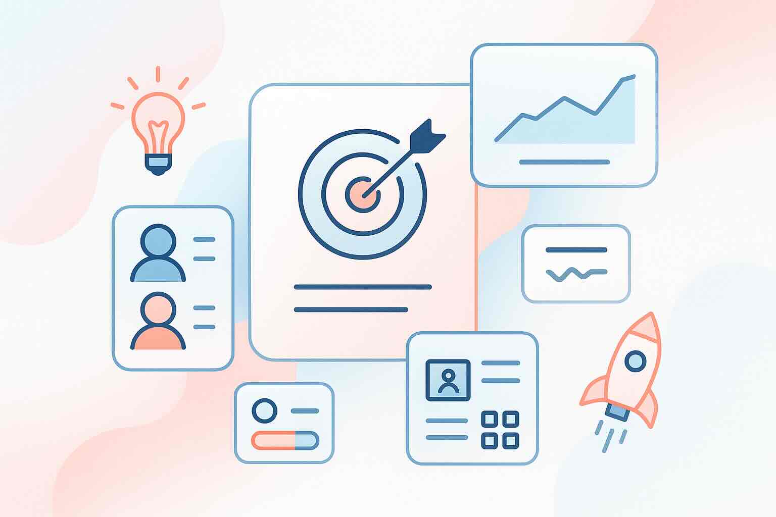 Illustration of startup marketing strategy dashboard showing audience targeting, growth tracking, and campaign planning in coral and sky blue