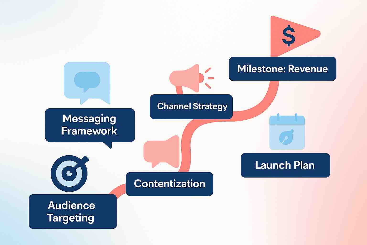 Illustration of a strategic roadmap for startup marketing showing key milestones like targeting, messaging, launch planning, and revenue goals in coral and navy