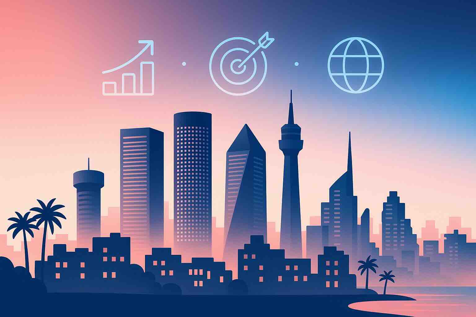 Flat illustration of the Tel Aviv skyline with iconic buildings and digital marketing icons over a coral and sky blue gradient background