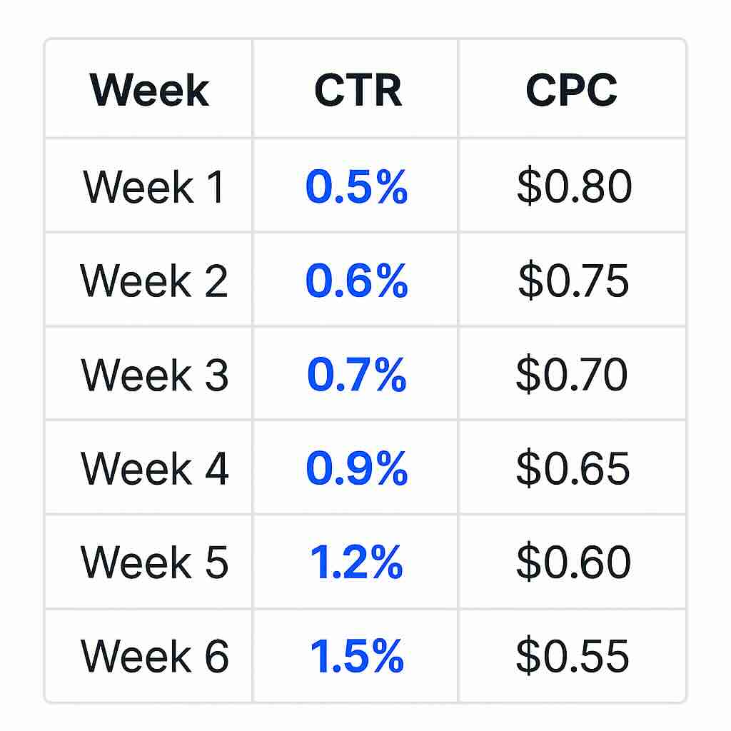 Table showing Facebook CTR increasing from 0.5% to 1.5% and CPC dropping from $0.80 to $0.55 over six weeks.
