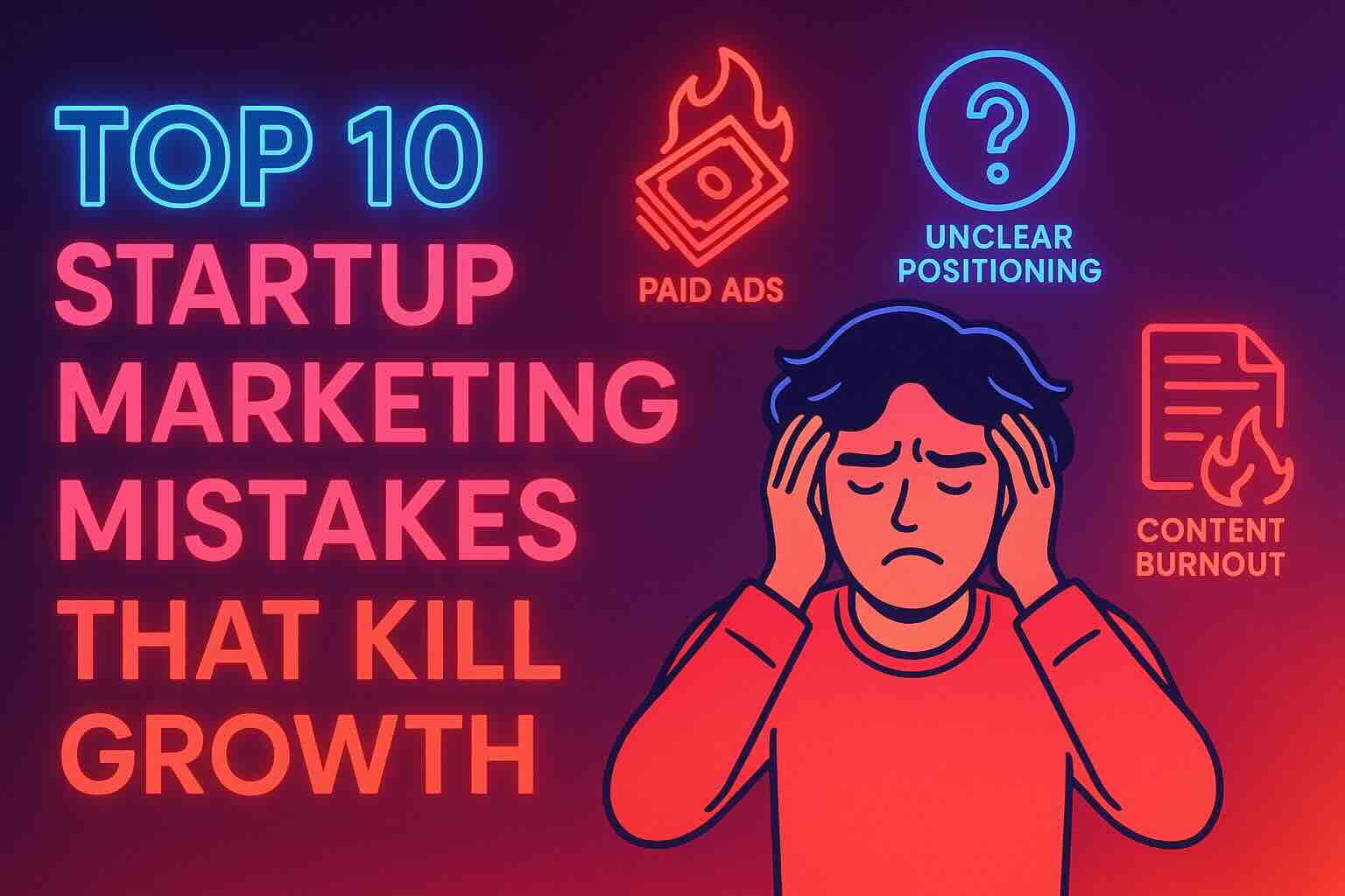 Illustration of a startup founder facing multiple marketing roadblocks, like burning cash, content burnout, and unclear positioning.