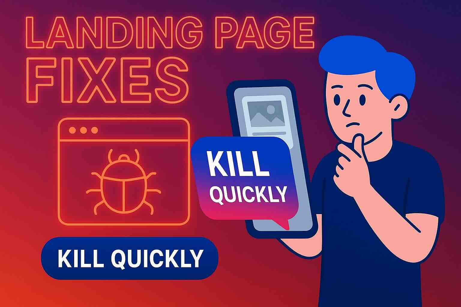 Illustration of a marketer reviewing a bugged landing page on a phone, with bold neon text ‘Landing Page Fixes’ and ‘Kill Quickly’ callouts, set against a gradient purple-orange background