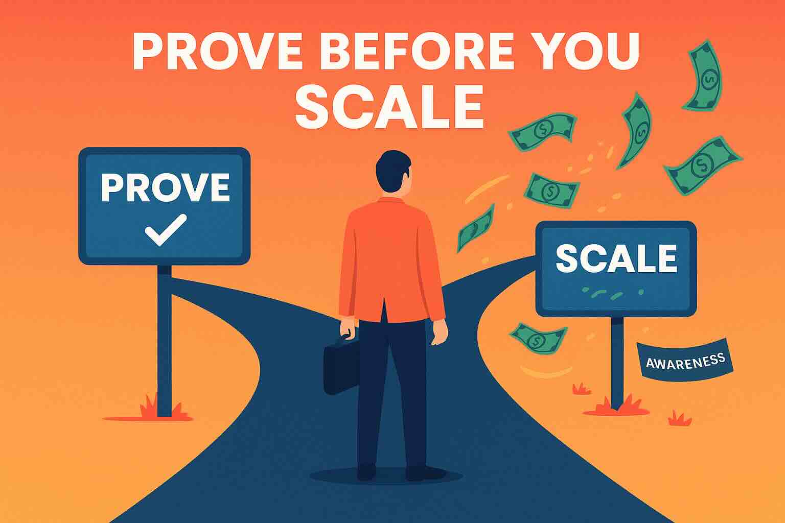 Startup founder choosing between proving funnel conversion or scaling prematurely with demand generation