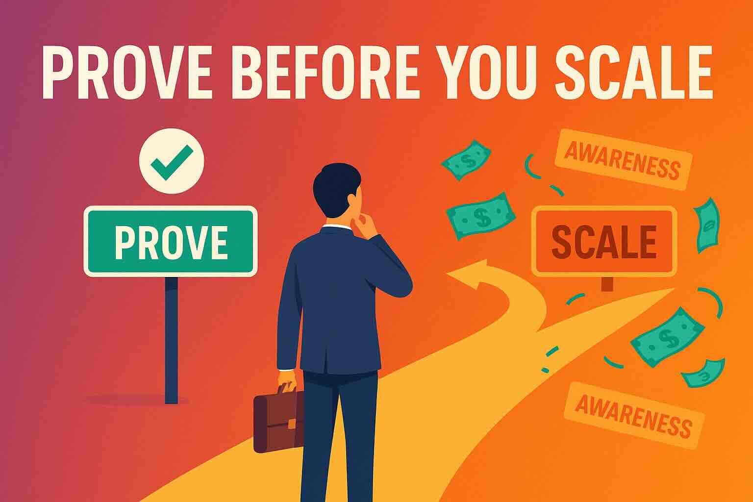 Businessperson deciding between proving their funnel or scaling too soon, with floating awareness signs and dollar bills symbolizing startup risk
