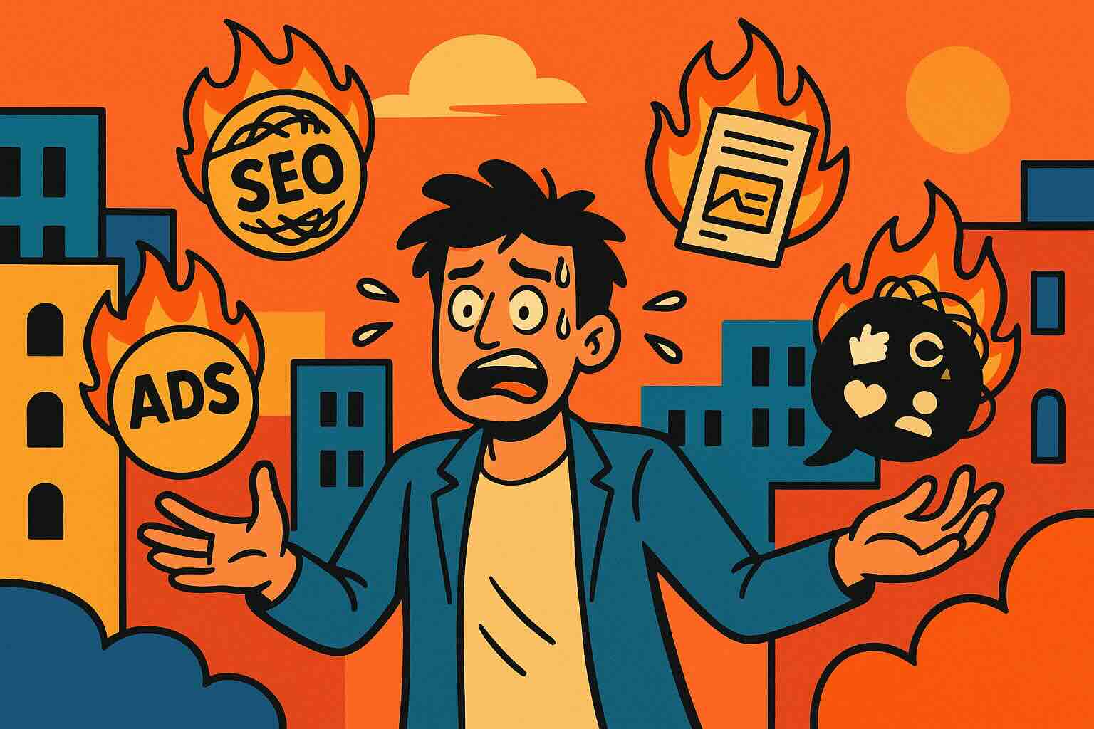 Startup founder overwhelmed by marketing chaos with ads, SEO, and content burning